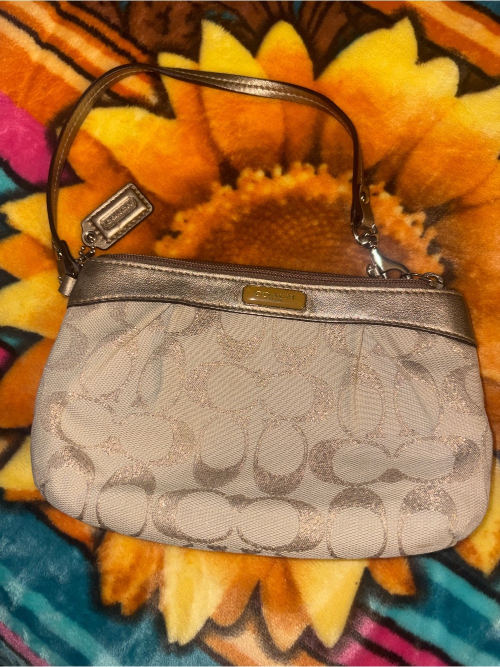 Coach Metallic Signature Canvas Wristlet in Champagne
